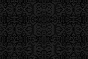 Vintage embossed black background, actual cover design. Geometric exotic 3D pattern, ethnic texture. Creativity of the peoples of the East, Asia, India, Mexico, Aztecs, Peru in handmade style.