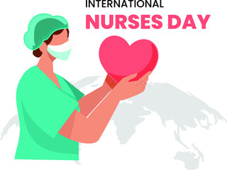 Nurse hold love icon when international nurses day on globe background. Flat vector illustration isolated.