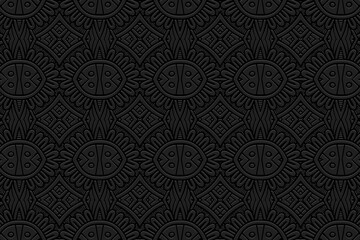 Vintage embossed black background, actual cover design. Geometric artistic 3D pattern, ethnic texture. Creativity of the peoples of the East, Asia, India, Mexico, Aztecs, Peru in handmade style.