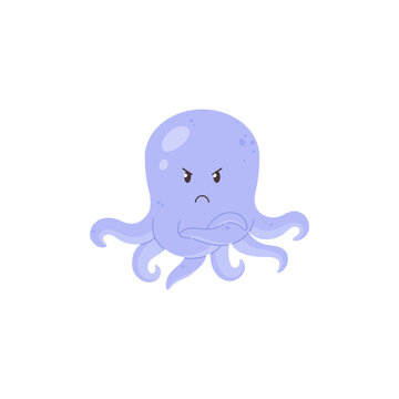 Funny octopus with angry comic face, flat cartoon vector illustration isolated.