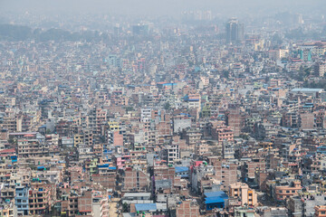 Kathmandu, Nepal- April 20,2022 : Panoramic top view of Katmandu city from Swayambhunath stupa.