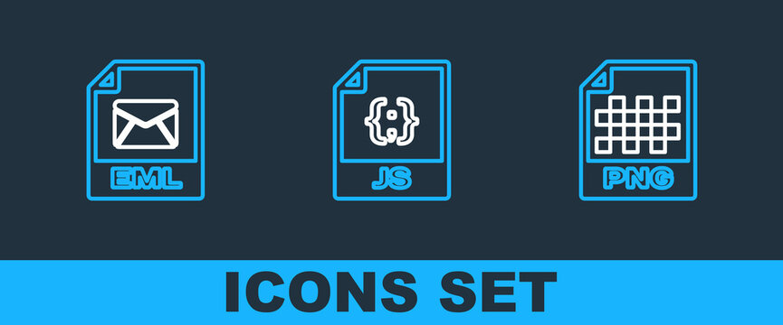 Set line PNG file document, EML and JS icon. Vector