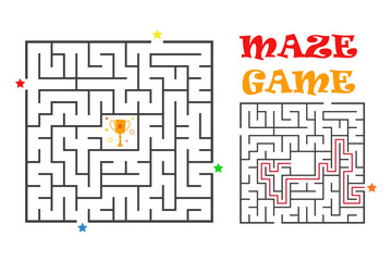 Square maze labyrinth game for kids. Labyrinth logic conundrum with winner cup. Four entrance and two right ways to go. Vector flat illustration