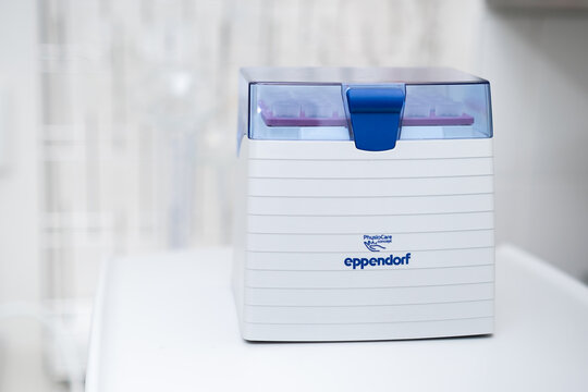 Eppendorf Tip Box with five militers tips for automatic pipette. Laboratory tools for chemical analysis, April 2022, Prague, Czech Republic.