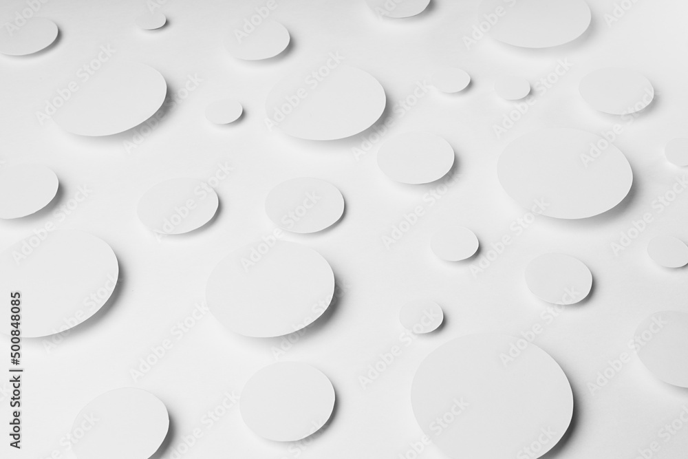 Poster geometric pattern of white ovals in shine light with soft shadows in random, top view. minimalist mo
