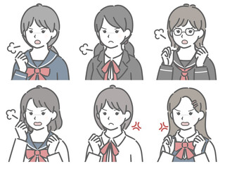 怒る女子学生の斜め向き丸アイコンセット