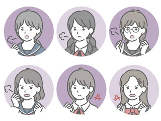 怒る女子学生の斜め向き丸アイコンセット