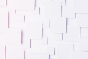 Abstract geometric background with flying squares - light pastel pattern in trendy colors -  very peri, purple, pink with soft shadows, top view. Gentle romantic backdrop in minimal style.