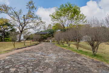 Stone cobble walkway into public park in Sangju, South Korea.