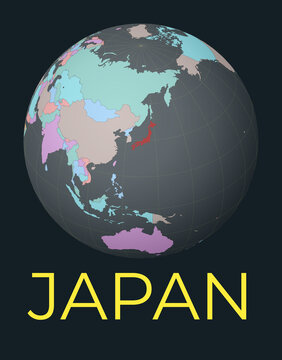 World map centered to Japan. Red country highlighted. Satellite world view centered to country with name. Vector Illustration.