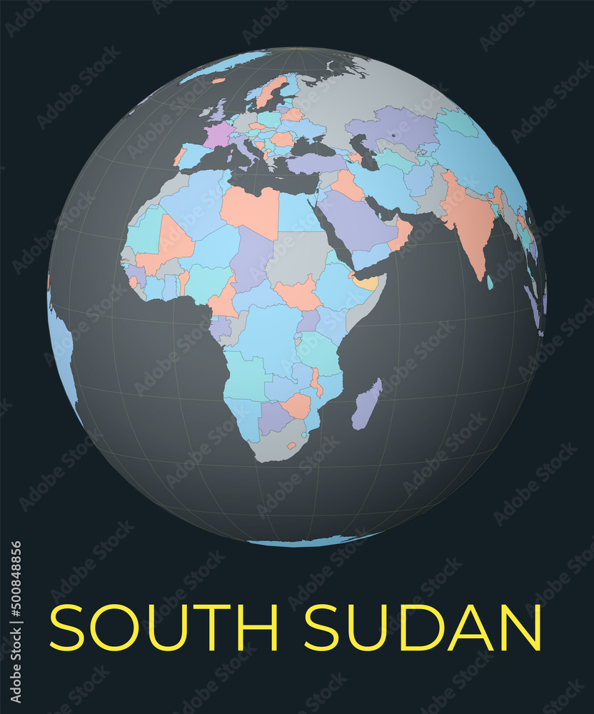 Poster world map centered to south sudan. red country highlighted. satellite world view centered to country