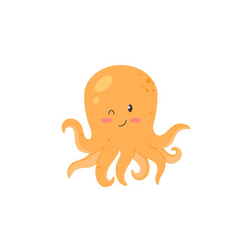 Cute fun winking octopus with kawaii face, flat vector illustration isolated.