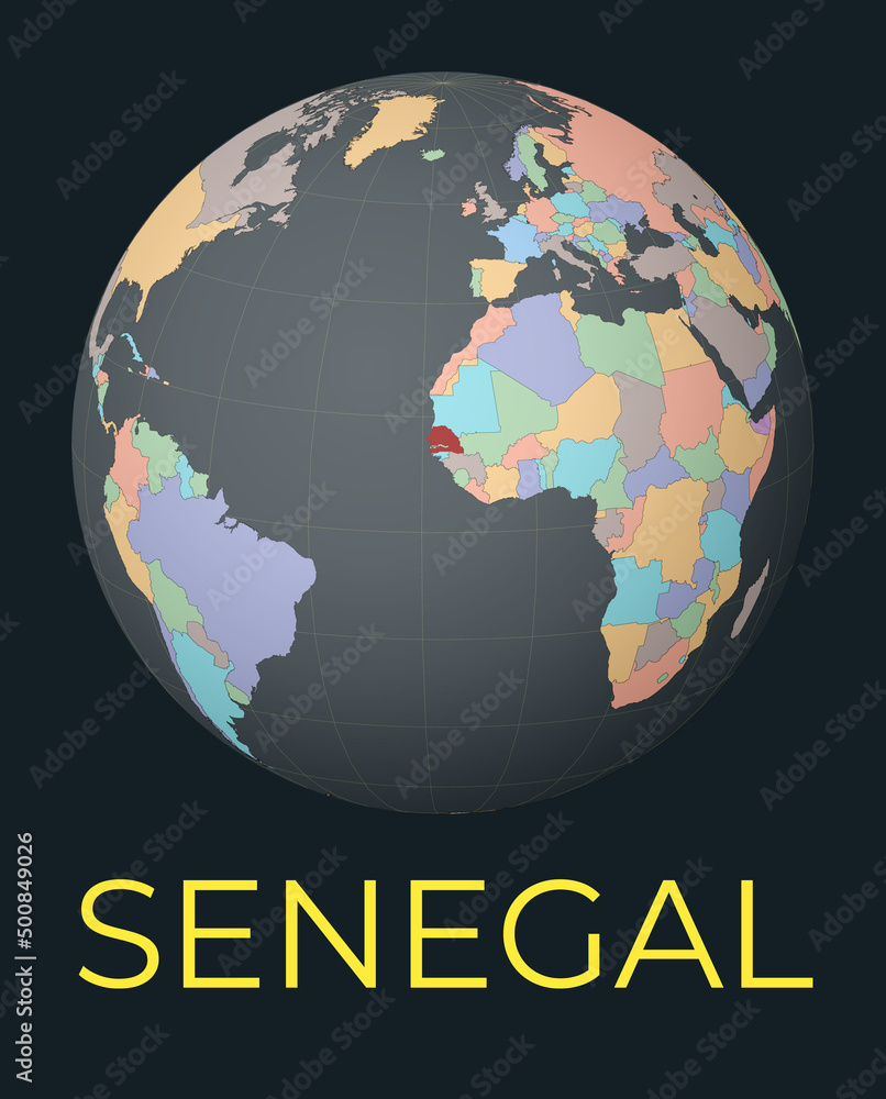 Poster world map centered to senegal. red country highlighted. satellite world view centered to country wit