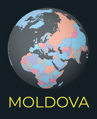 World map centered to Moldova. Red country highlighted. Satellite world view centered to country with name. Vector Illustration.