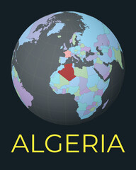 World map centered to Algeria. Red country highlighted. Satellite world view centered to country with name. Vector Illustration.