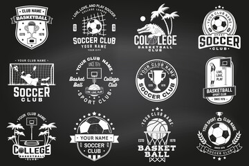 Set of soccer, football and basketball club badge on chalkboard. Vector. Concept for shirt, print, stamp or tee. Vintage design with soccer, football player, basketball player, hoop and ball