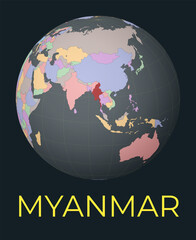 World map centered to Myanmar. Red country highlighted. Satellite world view centered to country with name. Vector Illustration.