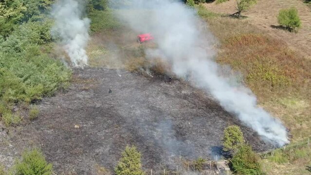 Controlled fire on meadow. Drone day footage