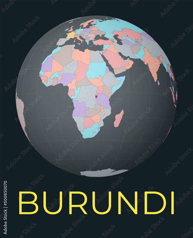 Poster world map centered to burundi. red country highlighted. satellite world view centered to country wit