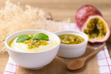 Yogurt with passion fruit in bowl, Healthy eating