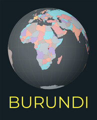 World map centered to Burundi. Red country highlighted. Satellite world view centered to country with name. Vector Illustration.