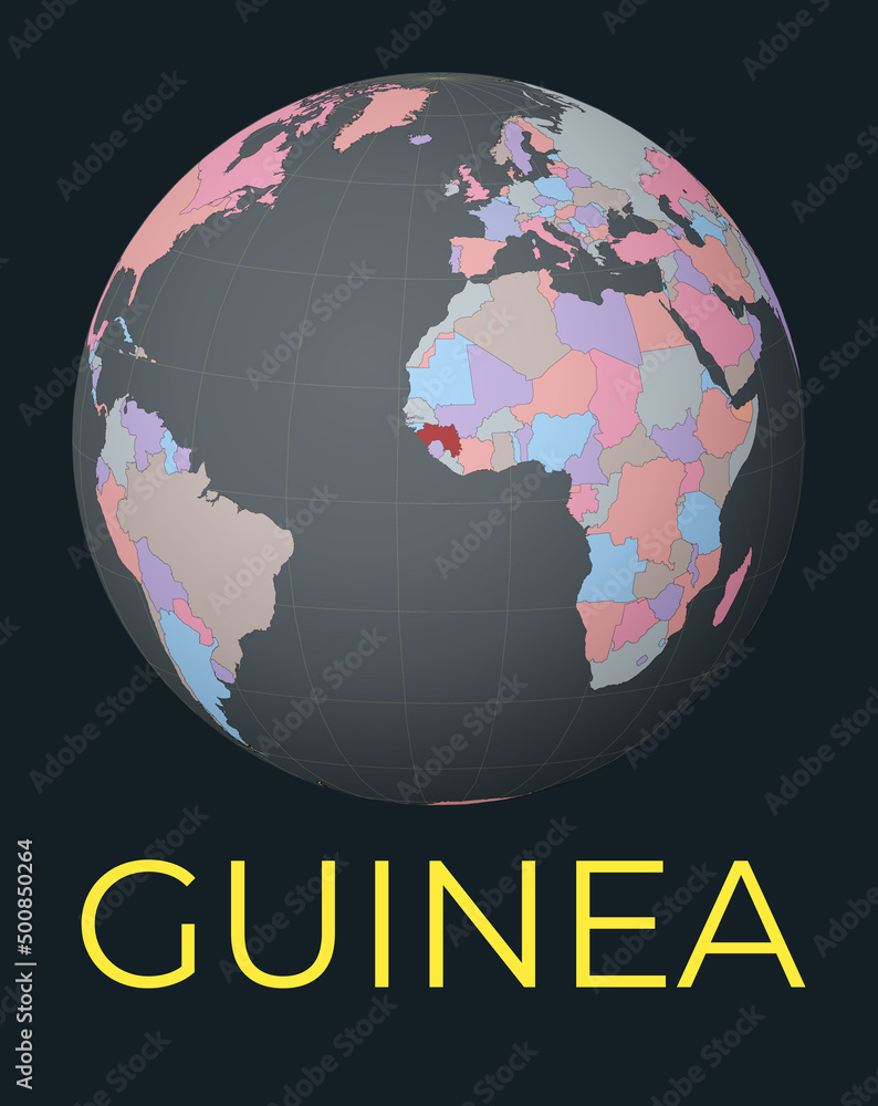 Poster world map centered to guinea. red country highlighted. satellite world view centered to country with