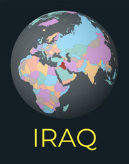 World map centered to Republic of Iraq. Red country highlighted. Satellite world view centered to country with name. Vector Illustration.