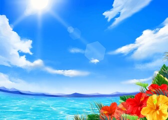 Fototapeta na wymiar 太陽の光差し込む青い空の下、美しい海沿いに夏の葉っぱとハイビスカスの咲く夏のおしゃれフレーム背景素材 