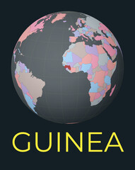 World map centered to Guinea. Red country highlighted. Satellite world view centered to country with name. Vector Illustration.