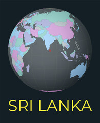 World map centered to Sri Lanka. Red country highlighted. Satellite world view centered to country with name. Vector Illustration.