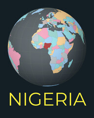 World map centered to Nigeria. Red country highlighted. Satellite world view centered to country with name. Vector Illustration.