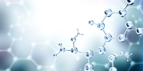 Horizontal banner with models of abstract molecular structure. Science or education background with atom model