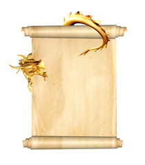 Golden dragon and scroll of old parchment. Object isolated on white background