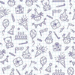 Seamless pattern with Happy Birthday doodles. Sketch of party decoration, funny children face, gift box and cute cake. Children drawing. Hand drawn vector illustration on squared notebook background.