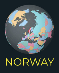 World map centered to Norway. Red country highlighted. Satellite world view centered to country with name. Vector Illustration.