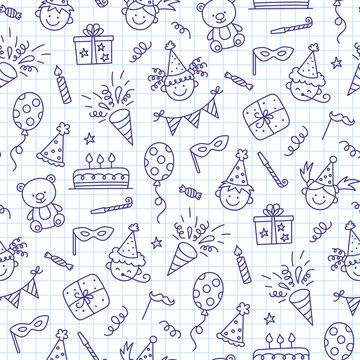 Seamless pattern with Happy Birthday doodles. Sketch of party decoration, funny children face, gift box and cute cake. Children drawing. Hand drawn vector illustration on squared notebook background.