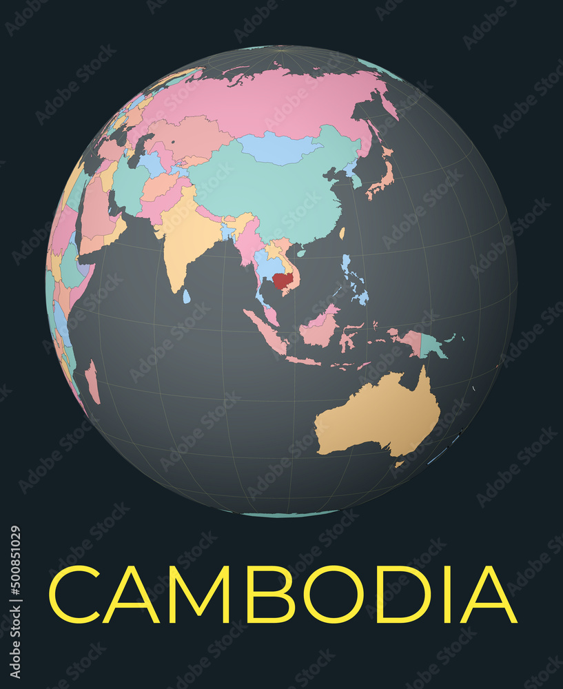 Poster world map centered to cambodia. red country highlighted. satellite world view centered to country wi