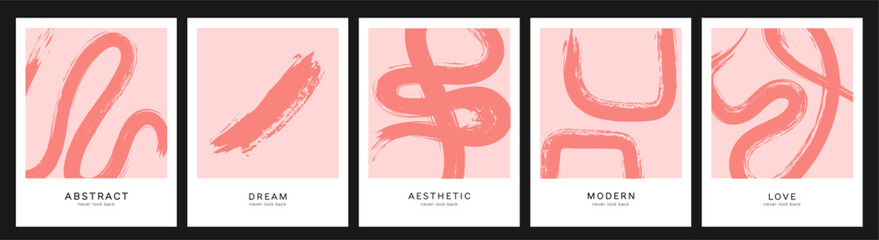 Collection of aesthetic modern polaroid posters with strokes on pink background. For printing, wall decor, prints.