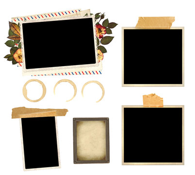 Set of retro photo, dry leaf and rose flower,  photos with adhesive tape. Collection of vintage scrapbooking elements