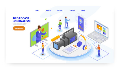 Broadcast journalism, landing page design, website banner vector template. Radio and television broadcasting.