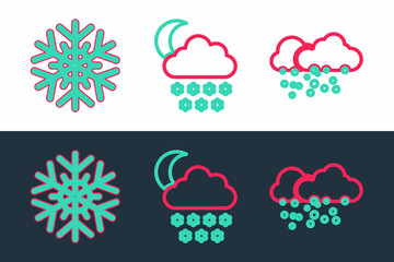 Set line Cloud with snow, Snowflake and and moon icon. Vector