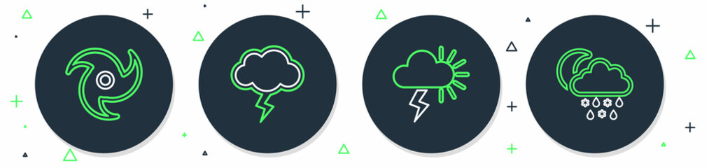 Set line Storm, Tornado and Cloud with snow, rain, moon icon. Vector