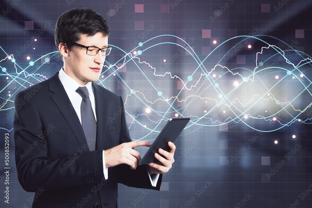 Aufkleber Stats concept with businessman using digital tablet on virtual screen squared background with glowing data spiral lines, dots and graphs