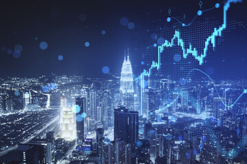 Abstract growing forex chart and dot map on blue night city background. Investment, stock market and financial success. Double exposure.