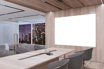 Blank white poster with copyspace for your logo on wooden wall in modern conference room with wooden table, glossy chairs and transparent doors. 3D rendering, mockup