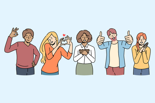 Overjoyed diverse multiethnic young people feel positive and joyful show diverse hand gestures. Smiling men and women use body language, ok, thumb up, heart sign. Vector illustration. 