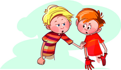 Boys on the football field. Kids are playing football. Goalkeeper in red uniform. The player is talking to the goalkeeper.