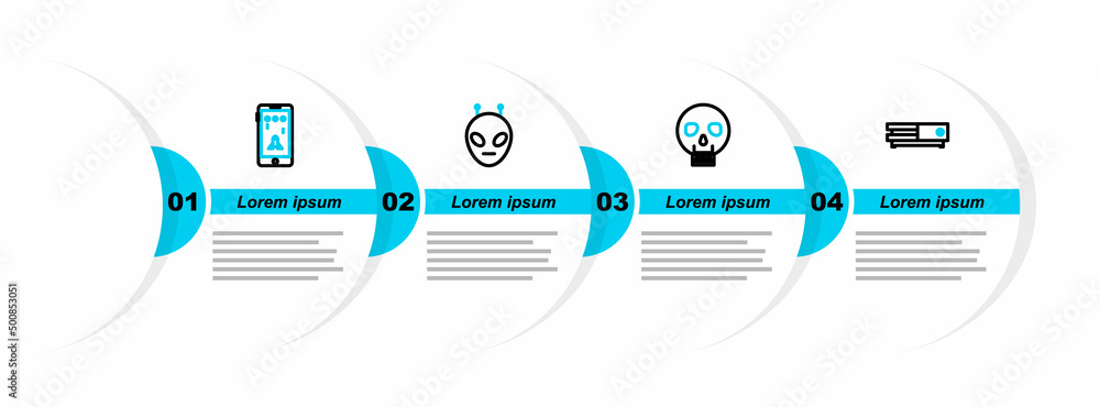 Poster set line video game console, skull, alien and mobile and playing in icon. vector