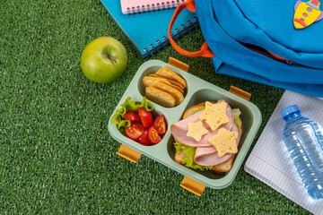 Healthy school lunch box with sandwich and salad at school yard. School supplies, books, apple and...