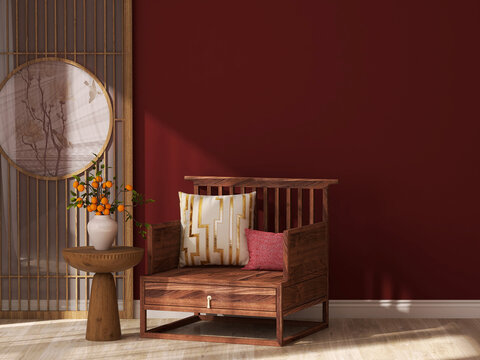 3D render of asian interior design. An antique chinese wooden chair and side table with lucky orange plants in a pot as a tradition new year decoration in a zen style living room. Red maroon wall.